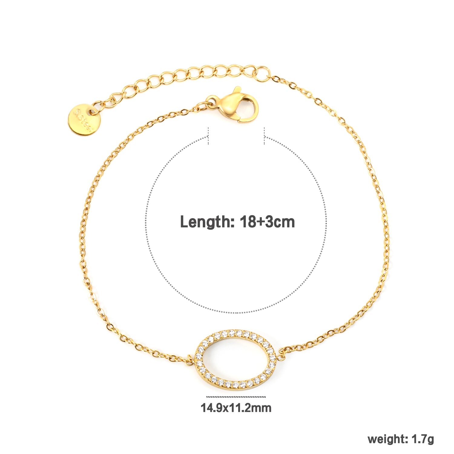 14.9*11.2mm Oval Hollow CNC White Zircon 0.3 Cross 18+3cm+6mm Round Plaque Bracelet Golden asonjewelry