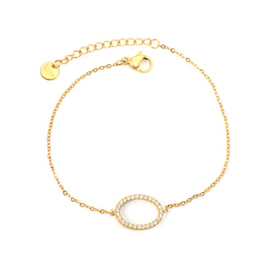 14.9*11.2mm Oval Hollow CNC White Zircon 0.3 Cross 18+3cm+6mm Round Plaque Bracelet Golden