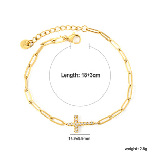 14.9*9.9mm Cross CNC White Zirconia 0.8x3x9 Long Flat Cross 18+3cm+6mm Round Tail Plaque Bracelet Gold Color