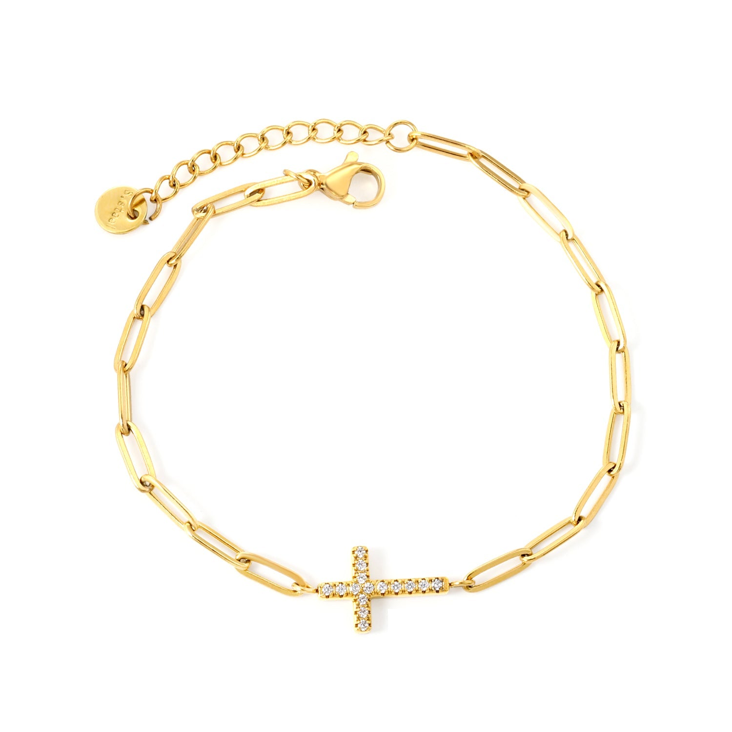 14.9*9.9mm Cross CNC White Zirconia 0.8x3x9 Long Flat Cross 18+3cm+6mm Round Tail Plaque Bracelet Gold Color asonjewelry