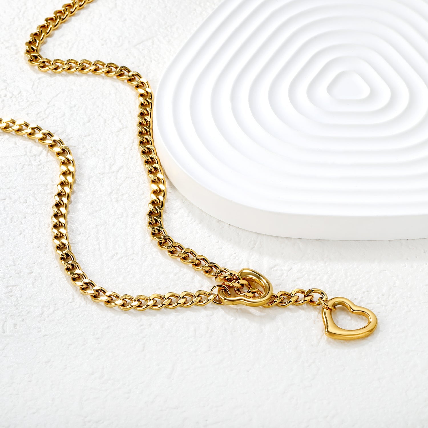 Double Heart Pendant 1.0 Six-Faceted Chain Necklace 46+5cm Gold asonjewelry