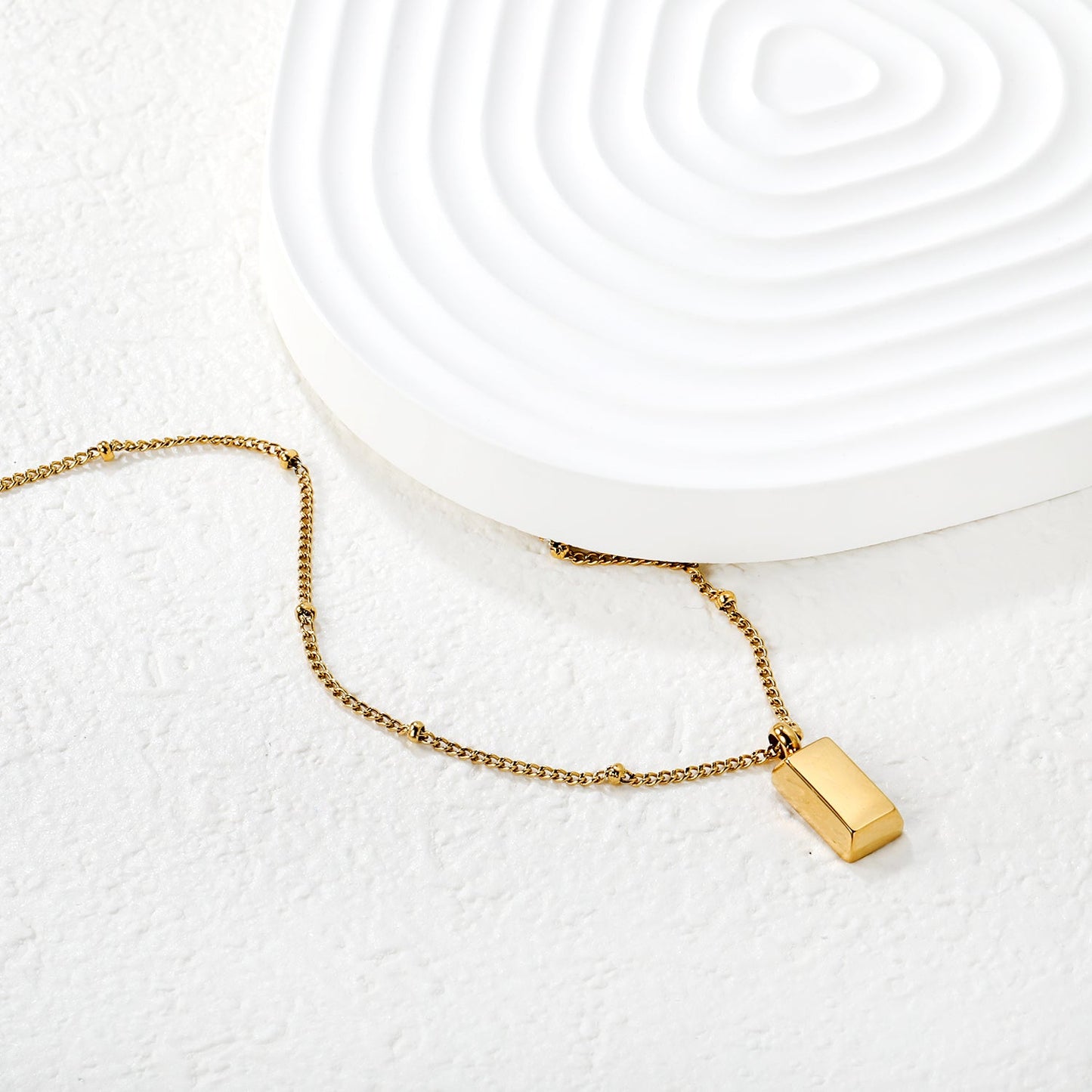 Gold Brick Pendant 0.4 Side Pearl Chain 40+5cm+6mm Round Tag Gold asonjewelry