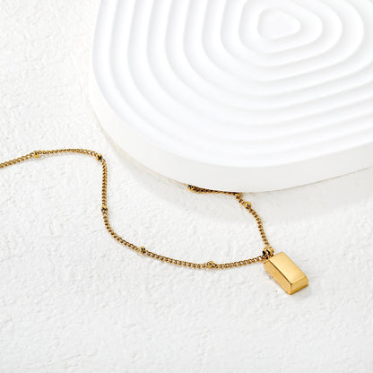 Gold Brick Pendant 0.4 Side Pearl Chain 40+5cm+6mm Round Tag Gold asonjewelry