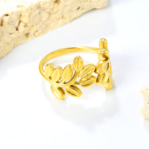 Golden Leaf Design SS Open Ring (Botanical Patterns)