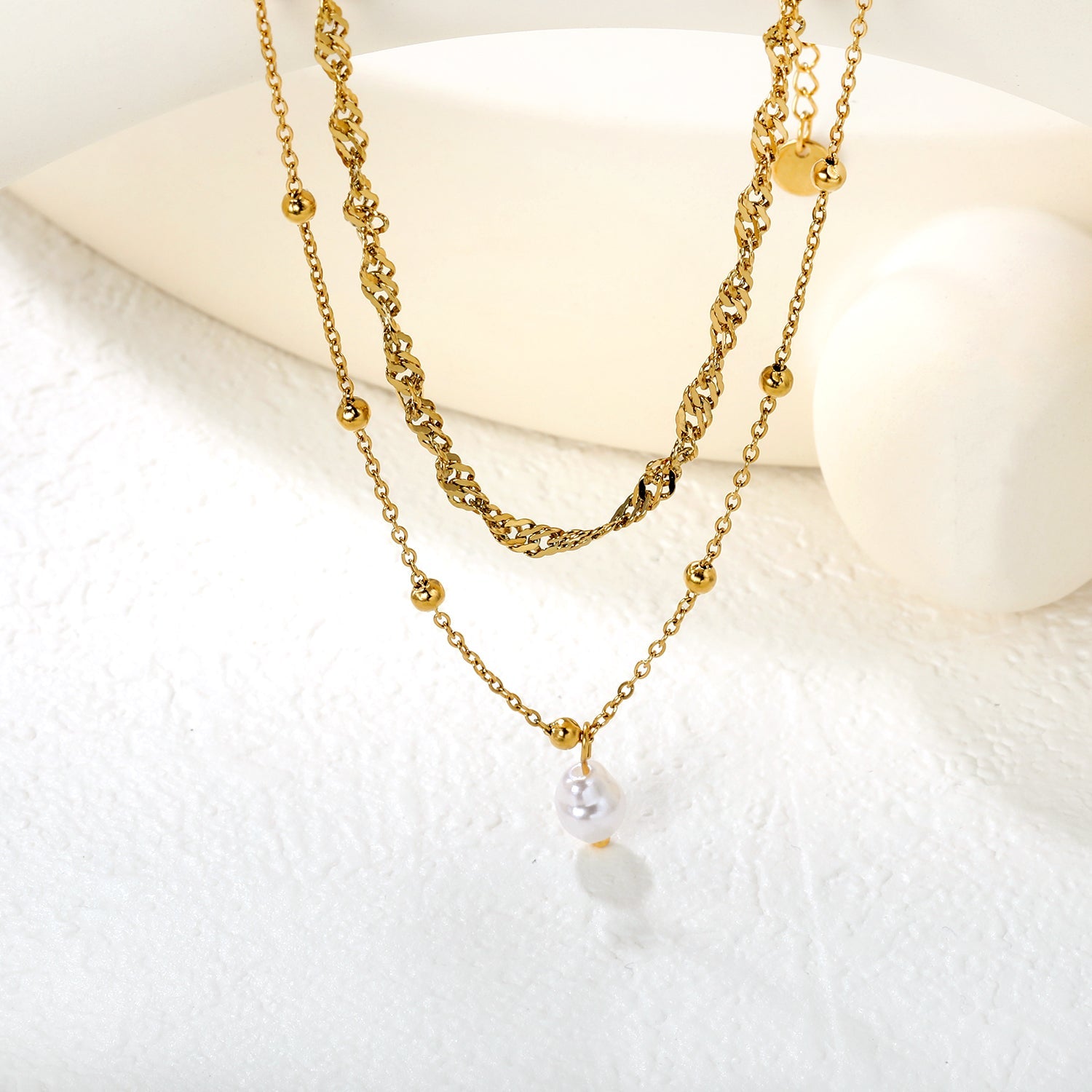 Imitation Pearl Double Chain 3mm Wavy Chain 40cm + 0.35 Cross Bead Chain 50cm + 5cm + 6mm Round Tag Necklace Gold asonjewelry