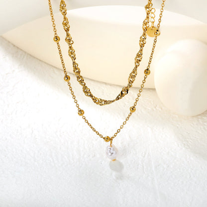 Imitation Pearl Double Chain 3mm Wavy Chain 40cm + 0.35 Cross Bead Chain 50cm + 5cm + 6mm Round Tag Necklace Gold asonjewelry