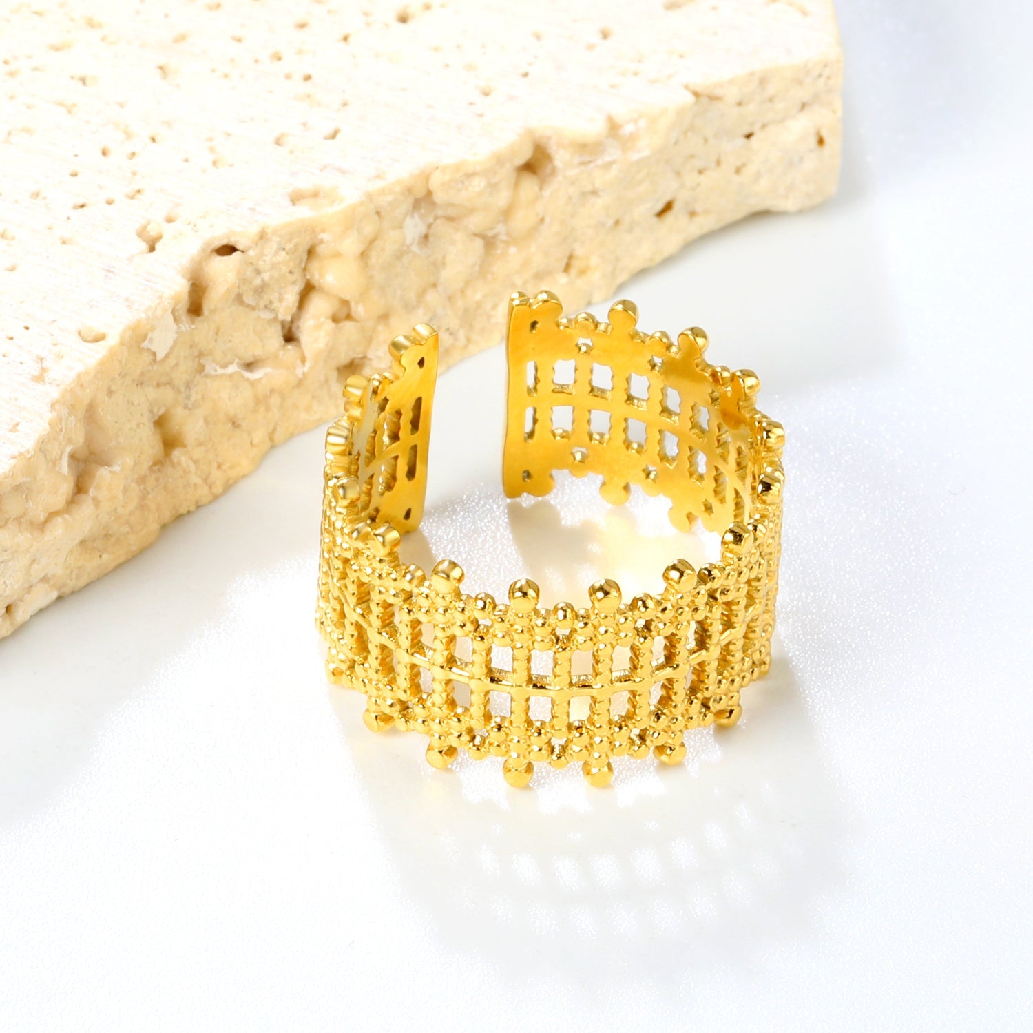 Golden Grid Pattern Stainless Steel Open Ring asonjewelry