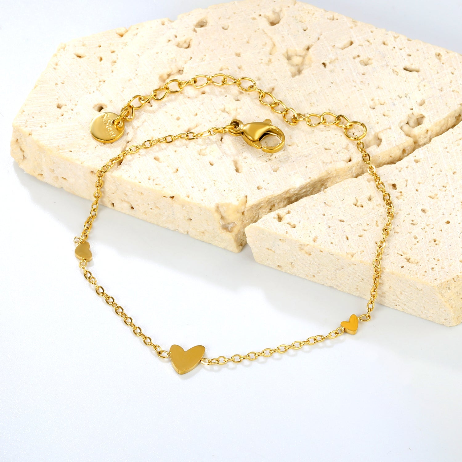 5.8*6.5mm 1 crooked heart + 3.7*2.8mm 2 heart accessories 0.3 cross chain 16+5cm+6mm round plaque bracelet gold color asonjewelry