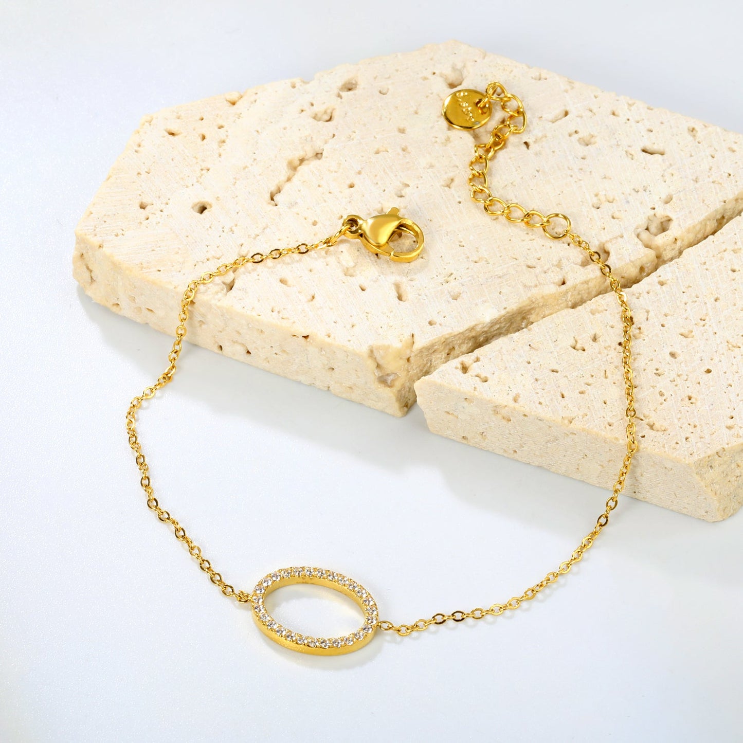 14.9*11.2mm Oval Hollow CNC White Zircon 0.3 Cross 18+3cm+6mm Round Plaque Bracelet Golden asonjewelry