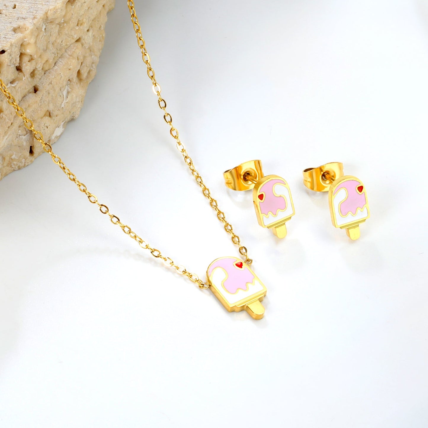 Ice-cream Set Steel / Gold Earrings: 5.9*10.2mm Pendant: 6.9*12mm 0.3 Cross Chain 42+5cm+6mm Round Plaque asonjewelry
