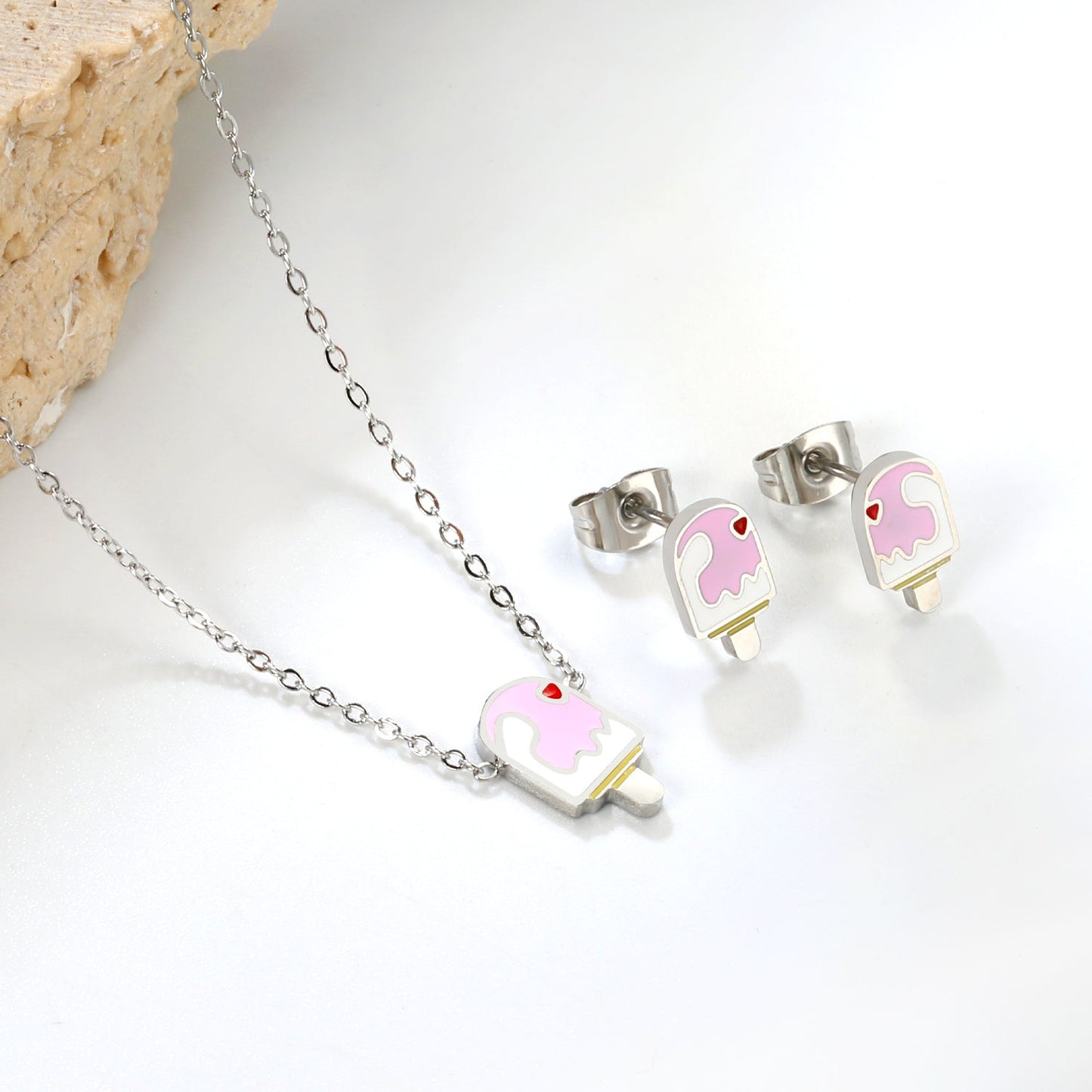 Ice-cream Set Steel / Gold Earrings: 5.9*10.2mm Pendant: 6.9*12mm 0.3 Cross Chain 42+5cm+6mm Round Plaque asonjewelry