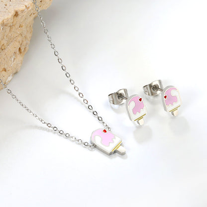 Ice-cream Set Steel / Gold Earrings: 5.9*10.2mm Pendant: 6.9*12mm 0.3 Cross Chain 42+5cm+6mm Round Plaque asonjewelry