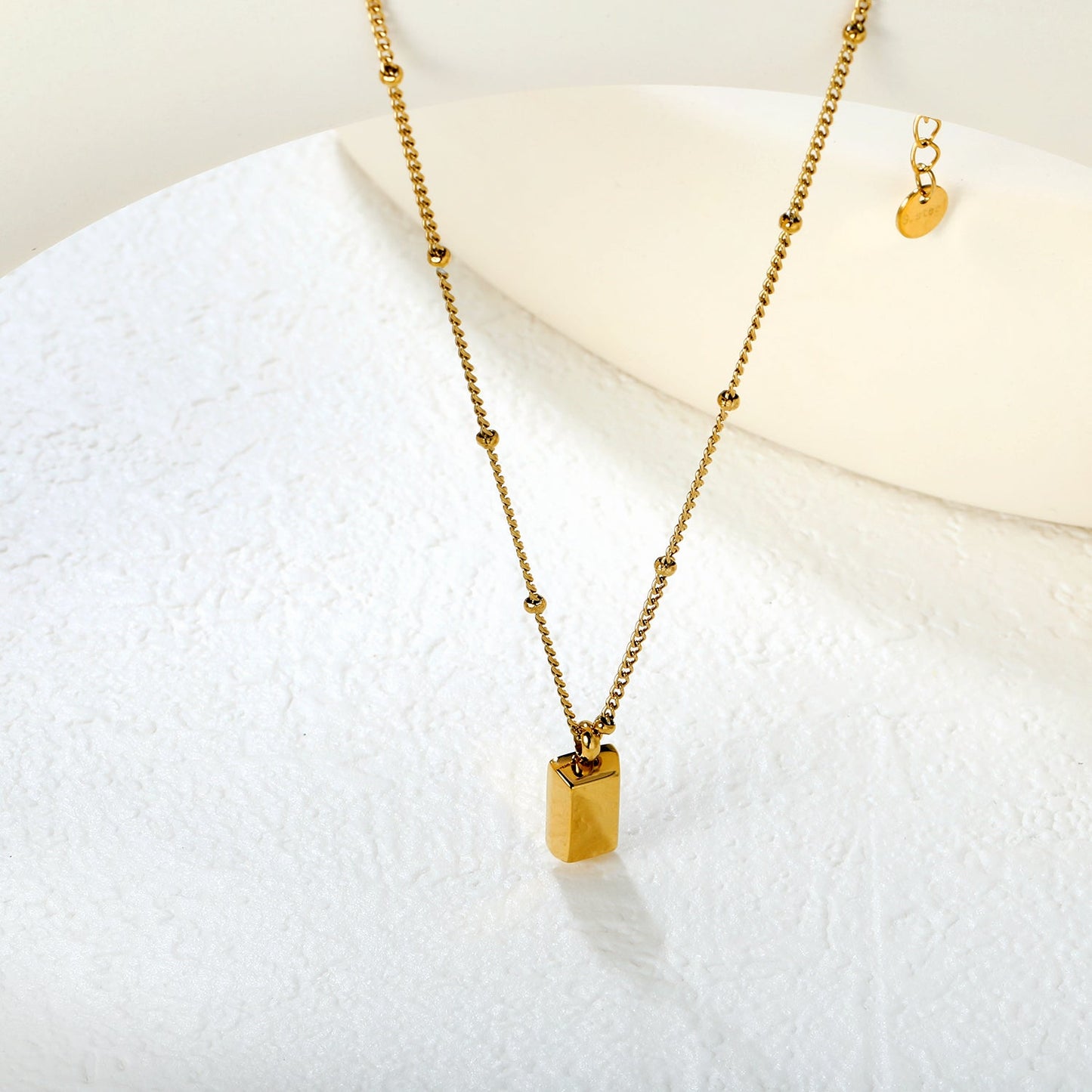 Gold Brick Pendant 0.4 Side Pearl Chain 40+5cm+6mm Round Tag Gold asonjewelry