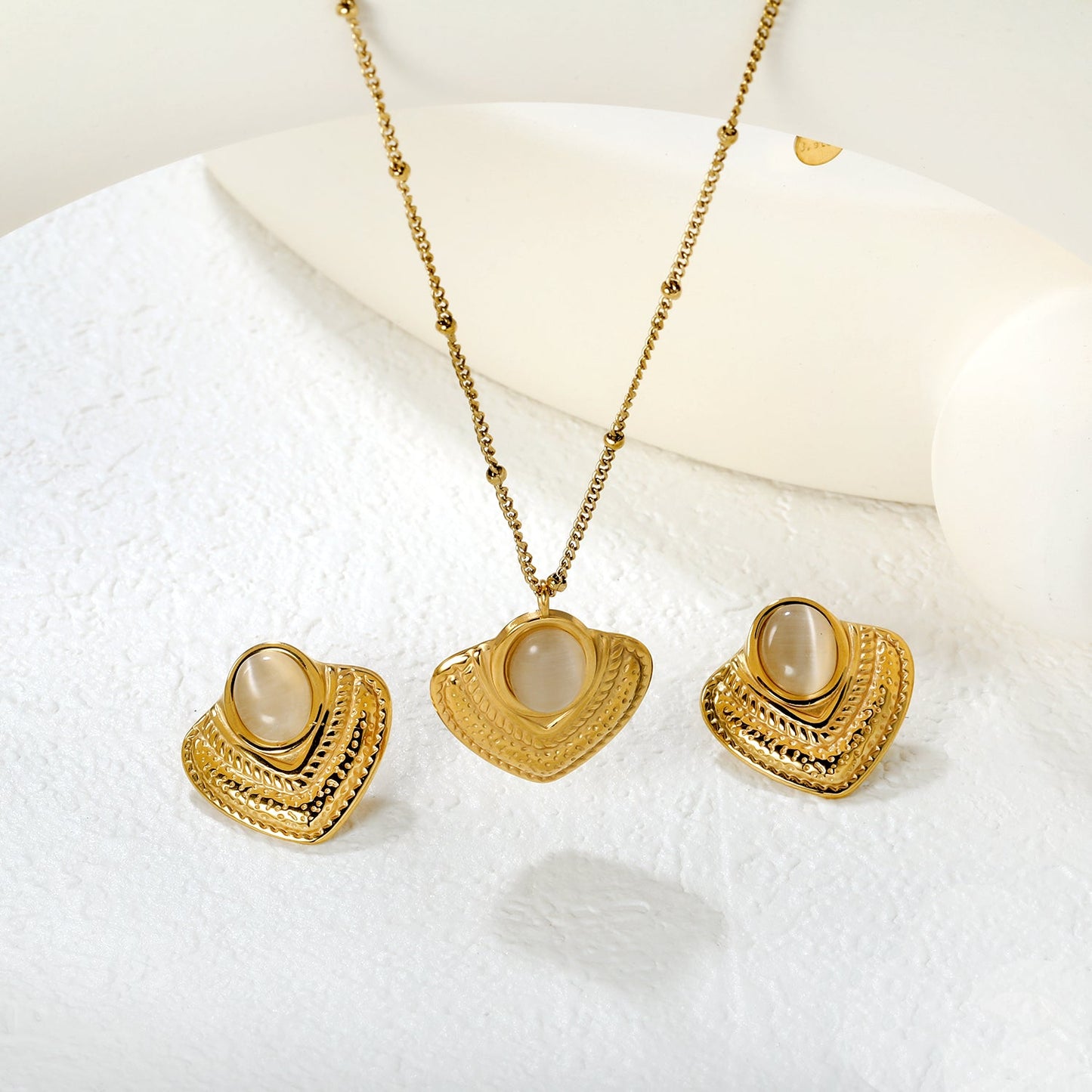 Emerald/White Cat's Eye Cat's Eye Fan-Shaped Set 0.4 Side-Mounted Pearl Chain 40+5cm+6mm Round Pendant Fan-Shaped Set Gold asonjewelry