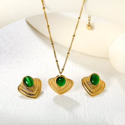 Emerald/White Cat's Eye Cat's Eye Fan-Shaped Set 0.4 Side-Mounted Pearl Chain 40+5cm+6mm Round Pendant Fan-Shaped Set Gold asonjewelry