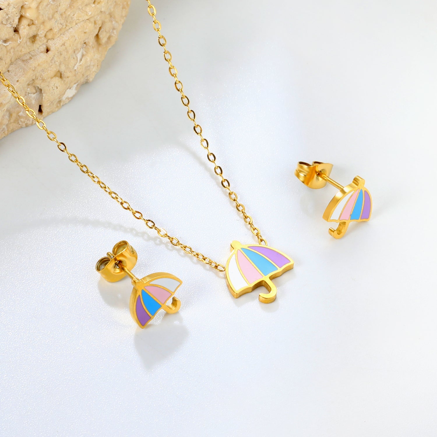 Umbrella set steel color/golden stud earrings: 9.3*10.3mm pendant: 11*12.1mm0.3 cross chain 42+5cm+6mm round plate asonjewelry