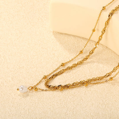 Imitation Pearl Double Chain 3mm Wavy Chain 40cm + 0.35 Cross Bead Chain 50cm + 5cm + 6mm Round Tag Necklace Gold asonjewelry