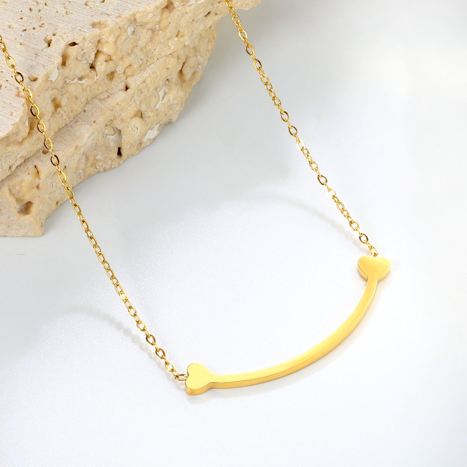 9.2 x 36.7mm curved bone pendant, 0.3mm cross chain 45+5cm, 6mm round tag necklace, gold asonjewelry