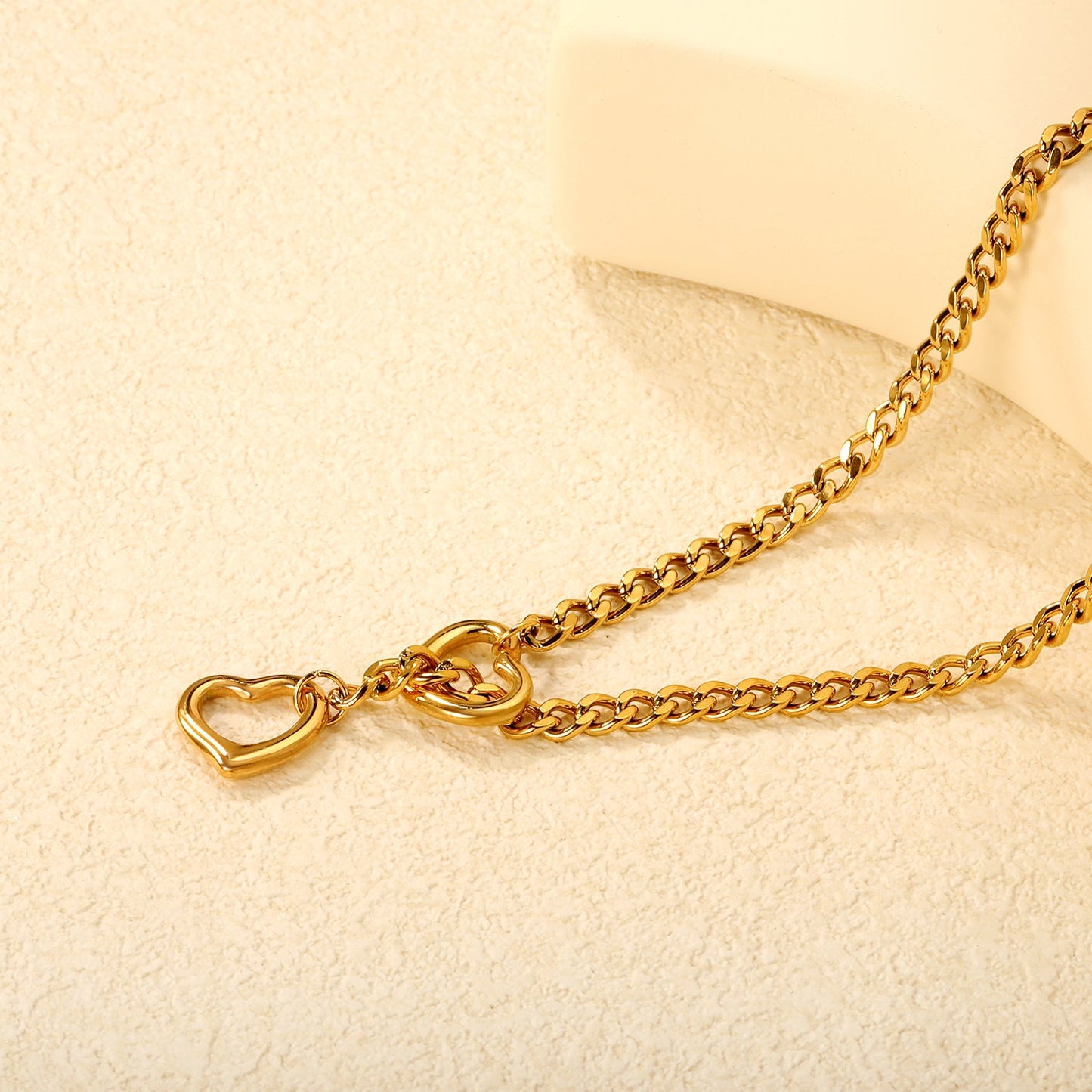 Double Heart Pendant 1.0 Six-Faceted Chain Necklace 46+5cm Gold asonjewelry