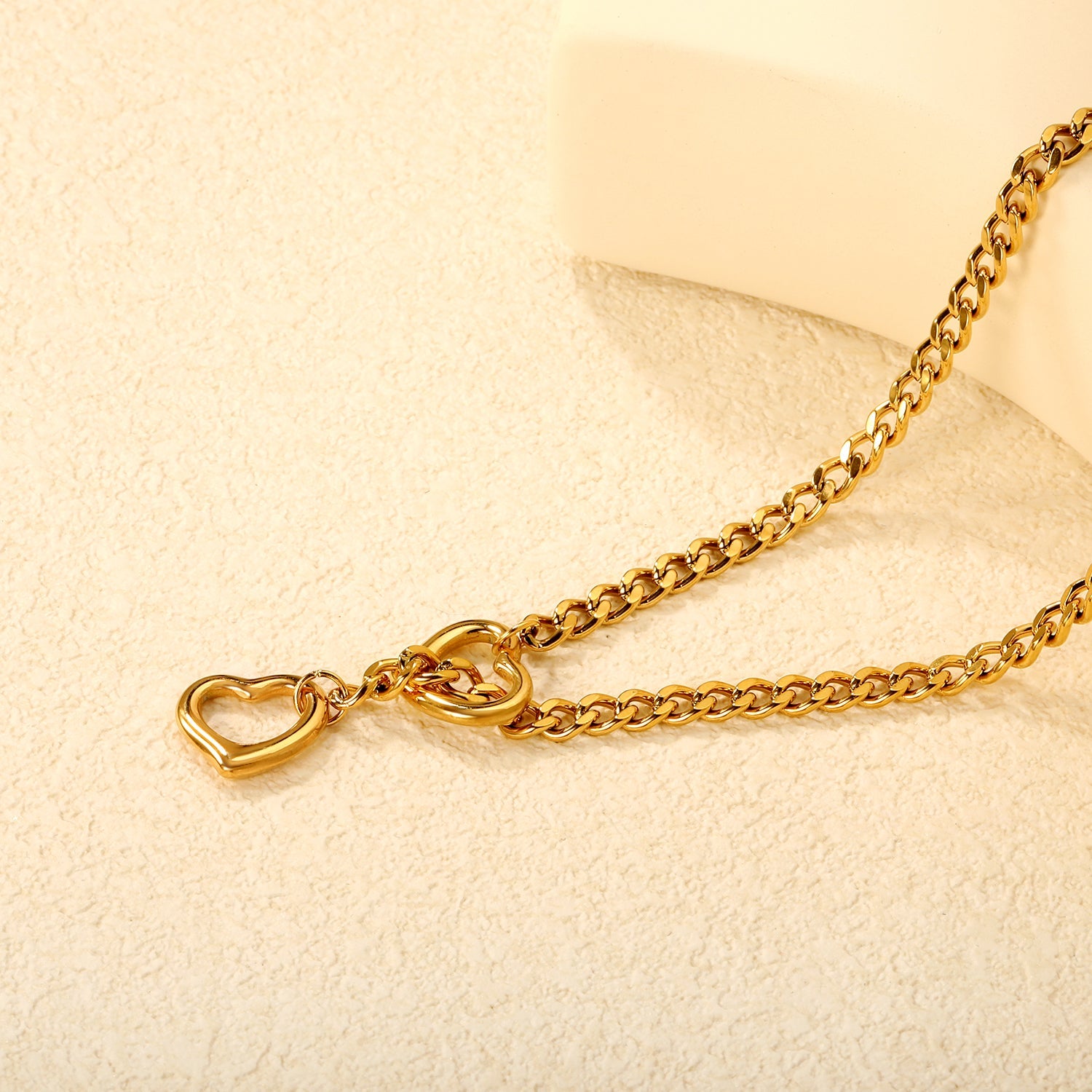 Double Heart Pendant 1.0 Six-Faceted Chain Necklace 46+5cm Gold asonjewelry