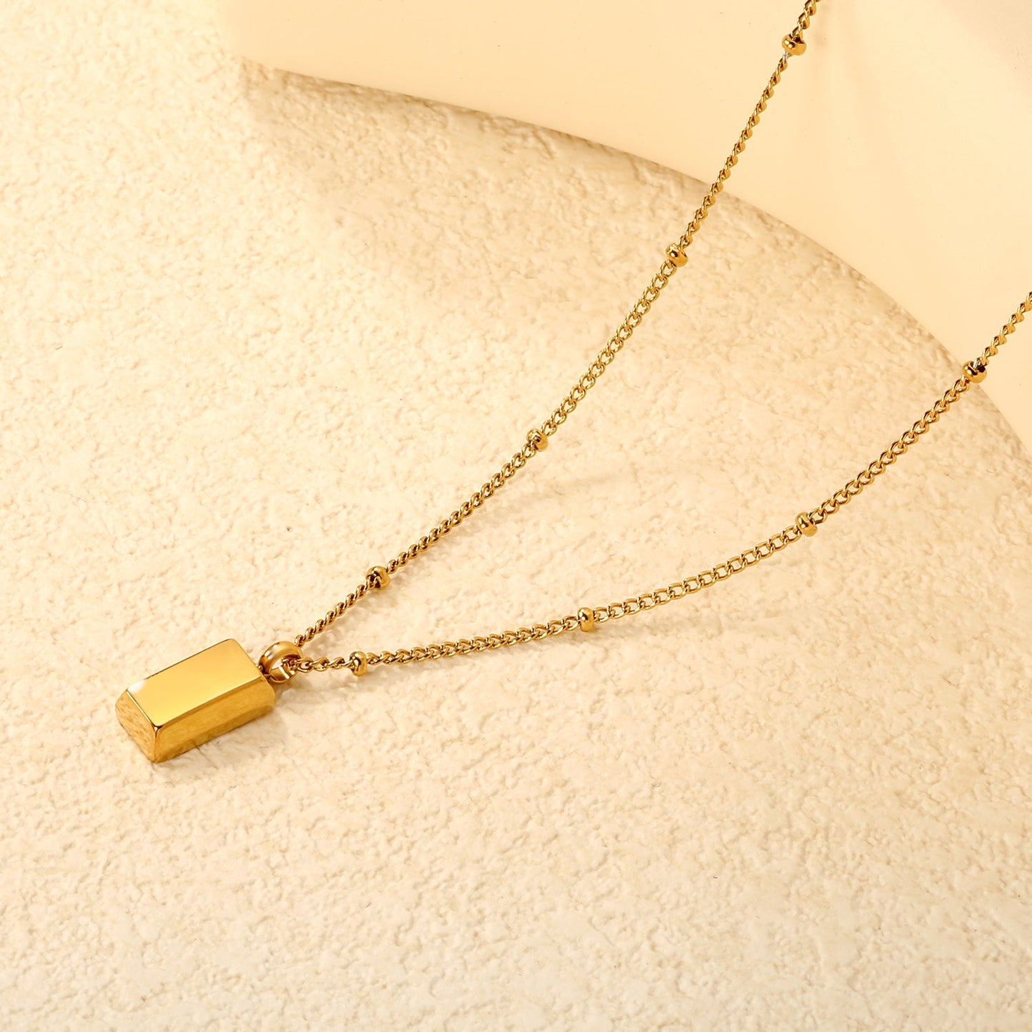 Gold Brick Pendant 0.4 Side Pearl Chain 40+5cm+6mm Round Tag Gold asonjewelry