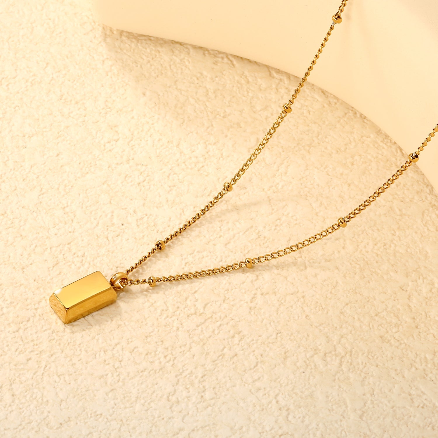 Gold Brick Pendant 0.4 Side Pearl Chain 40+5cm+6mm Round Tag Gold asonjewelry
