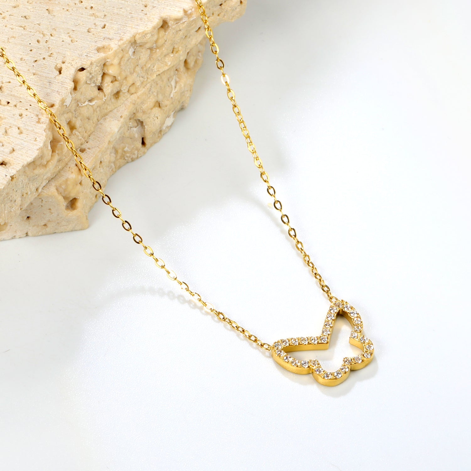 15x13mm butterfly CNC white zirconia pendant 0.3 cross chain 40+5cm+6mm necklace gold asonjewelry