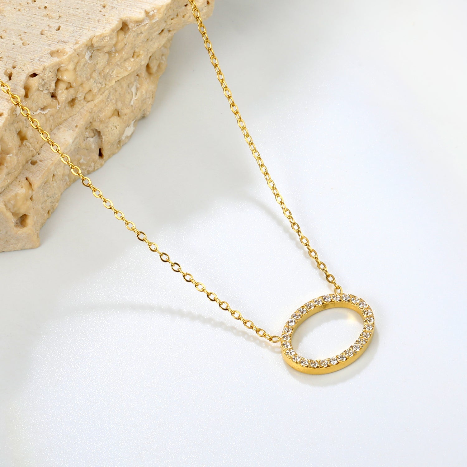 15 x 11.2mm oval CNC white zirconia pendant 0.3 cross chain 43+5cm + 6mm round tag necklace gold asonjewelry