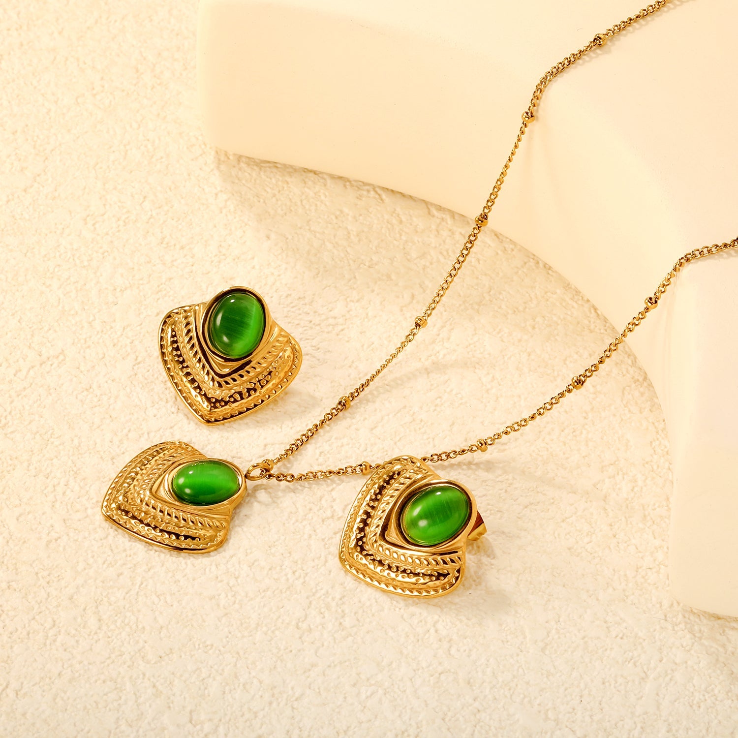 Emerald/White Cat's Eye Cat's Eye Fan-Shaped Set 0.4 Side-Mounted Pearl Chain 40+5cm+6mm Round Pendant Fan-Shaped Set Gold asonjewelry