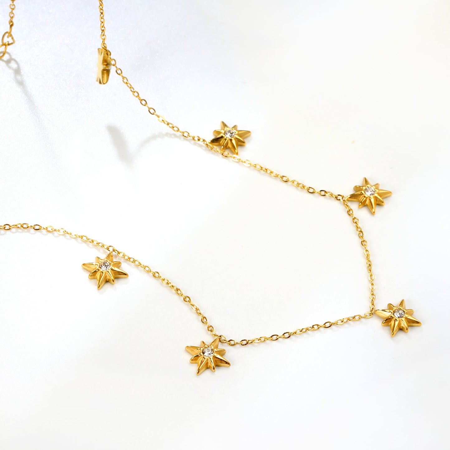 9.2 x 10mm eight-pointed star accessory (1 white zirconia), 0.3mm cross chain 40+5cm, 6mm round tag necklace, gold asonjewelry