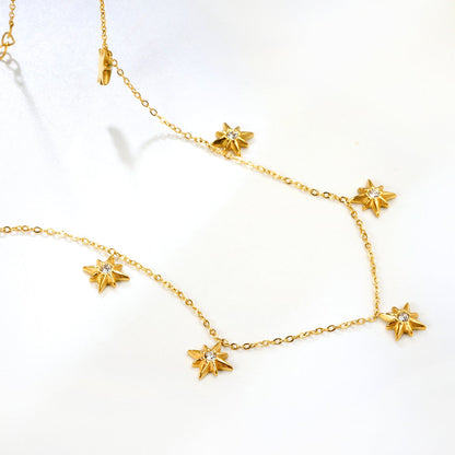 9.2 x 10mm eight-pointed star accessory (1 white zirconia), 0.3mm cross chain 40+5cm, 6mm round tag necklace, gold asonjewelry