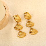 18 x 20mm three-shell fringe pendant ear stud, gold