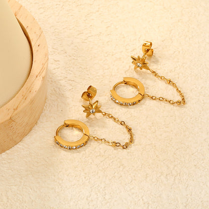 9x11mm Eight-Pointed Star with Diamonds 2x9mm Inner + 14x15mm Ear Hook Circle with Diamonds, Gold asonjewelry