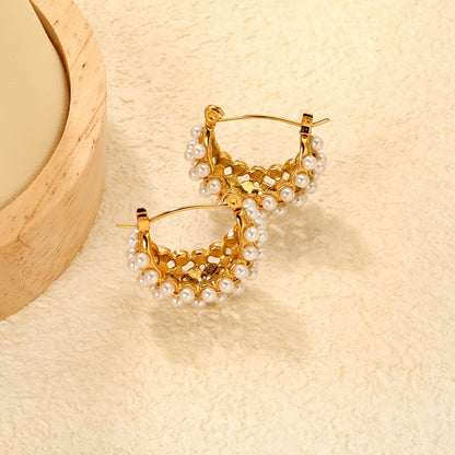 23x19mm Basket-Shaped Imitation Pearl Ear Hook, Gold asonjewelry
