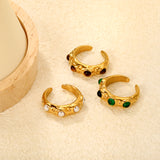 7mm Gold Open Ring with Irregular Hammered Texture and White Pearl/Tiger's Eye/Emerald Cat's Eye Inlays