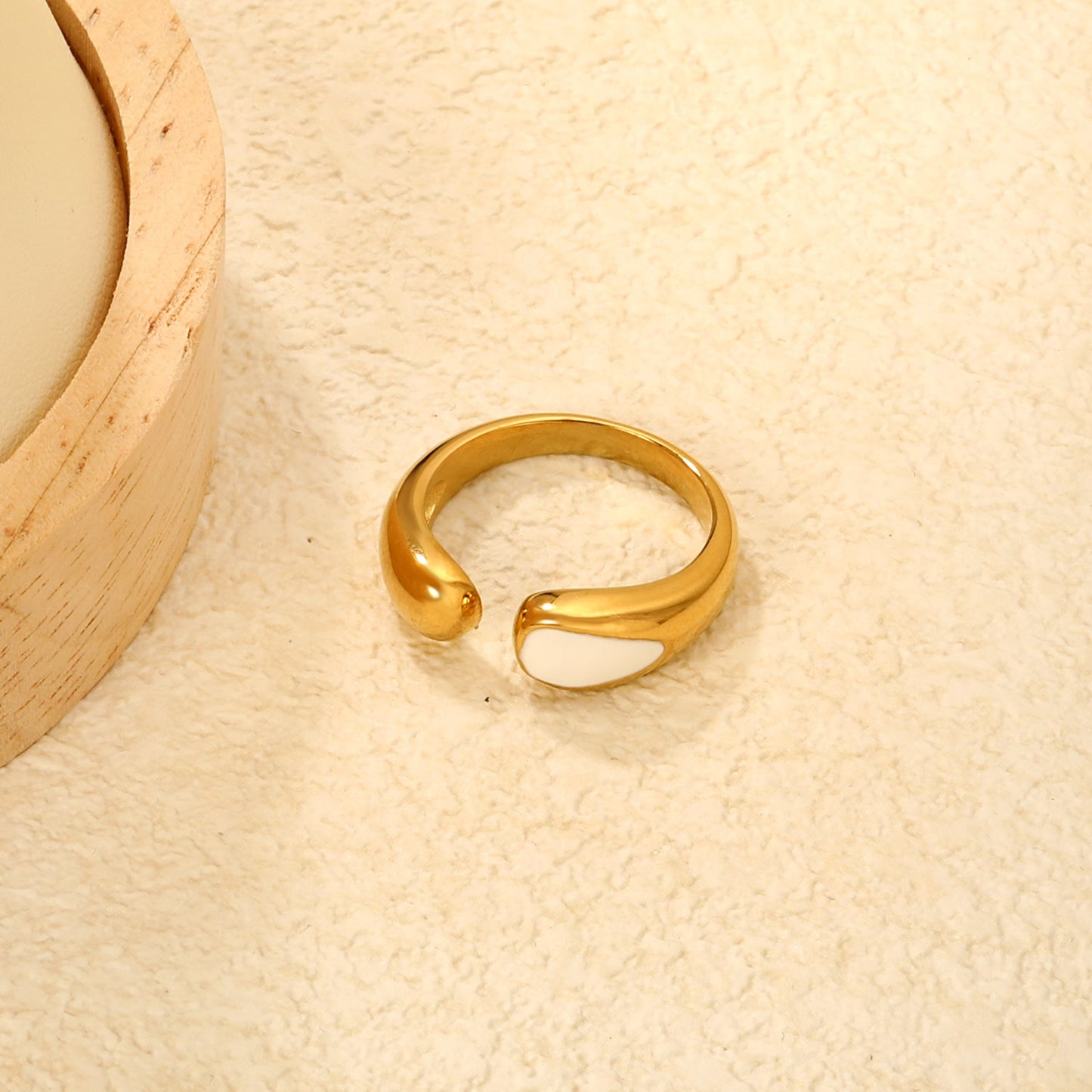 6.7mm Gold Open Ring with Geometric Water - Drop & White/ Black Enamel asonjewelry