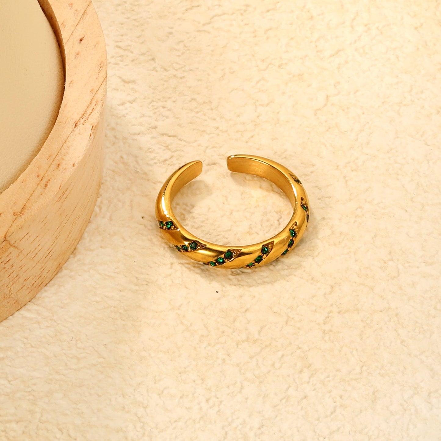 3.7mm Gold Open Ring with Twisted Band & White Diamond /Emerald Accents asonjewelry