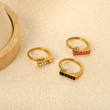 7.5mm Gold Open Ring with Square Rose - Red/Emerald/White Diamond and Round White Diamond Inlays