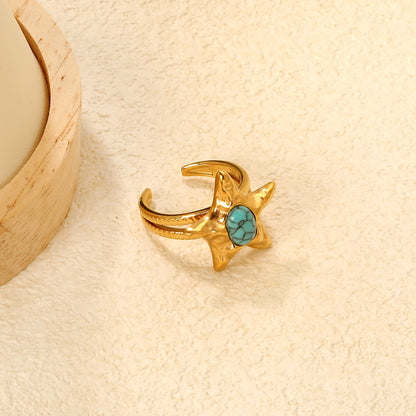 20mm Gold Open Ring with Turquoise - Inlaid Starfish asonjewelry