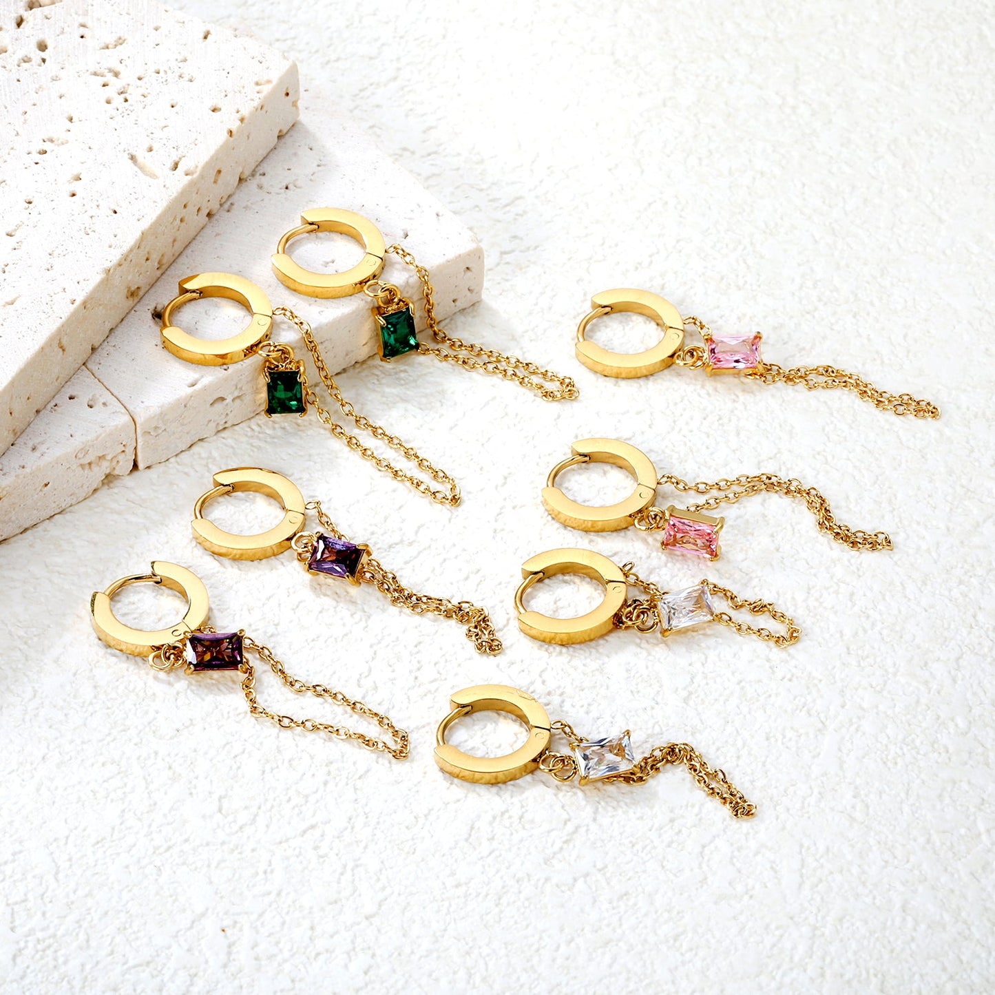 2.0*10mm ear hook 5*7mm white/green/pink/purple zirconia 3.5cm tassel earrings Gold asonjewelry