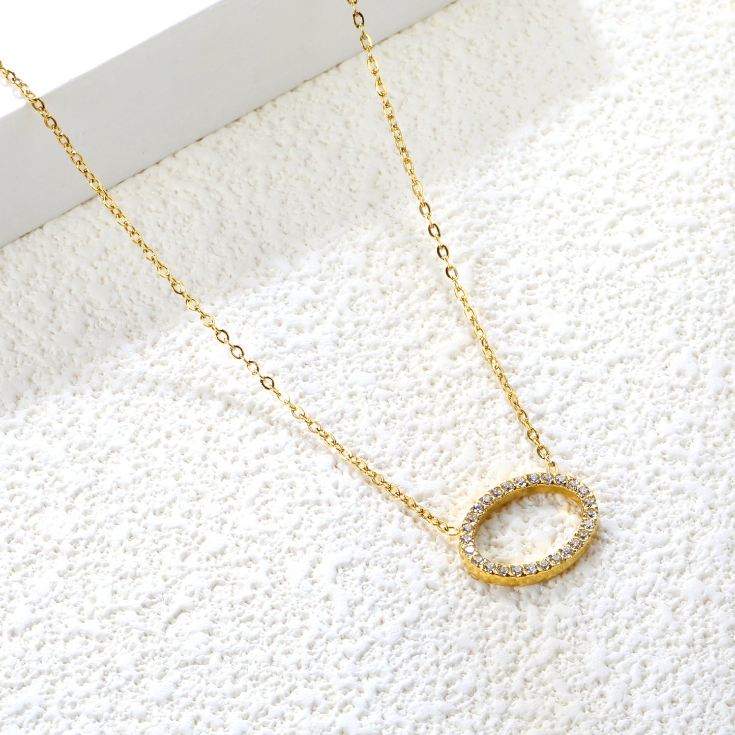 15 x 11.2mm oval CNC white zirconia pendant 0.3 cross chain 43+5cm + 6mm round tag necklace gold asonjewelry