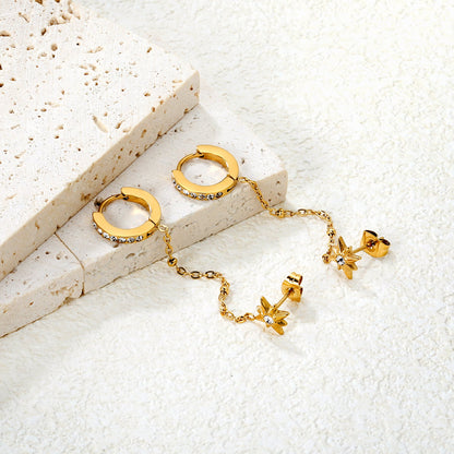 9x11mm Eight-Pointed Star with Diamonds 2x9mm Inner + 14x15mm Ear Hook Circle with Diamonds, Gold asonjewelry