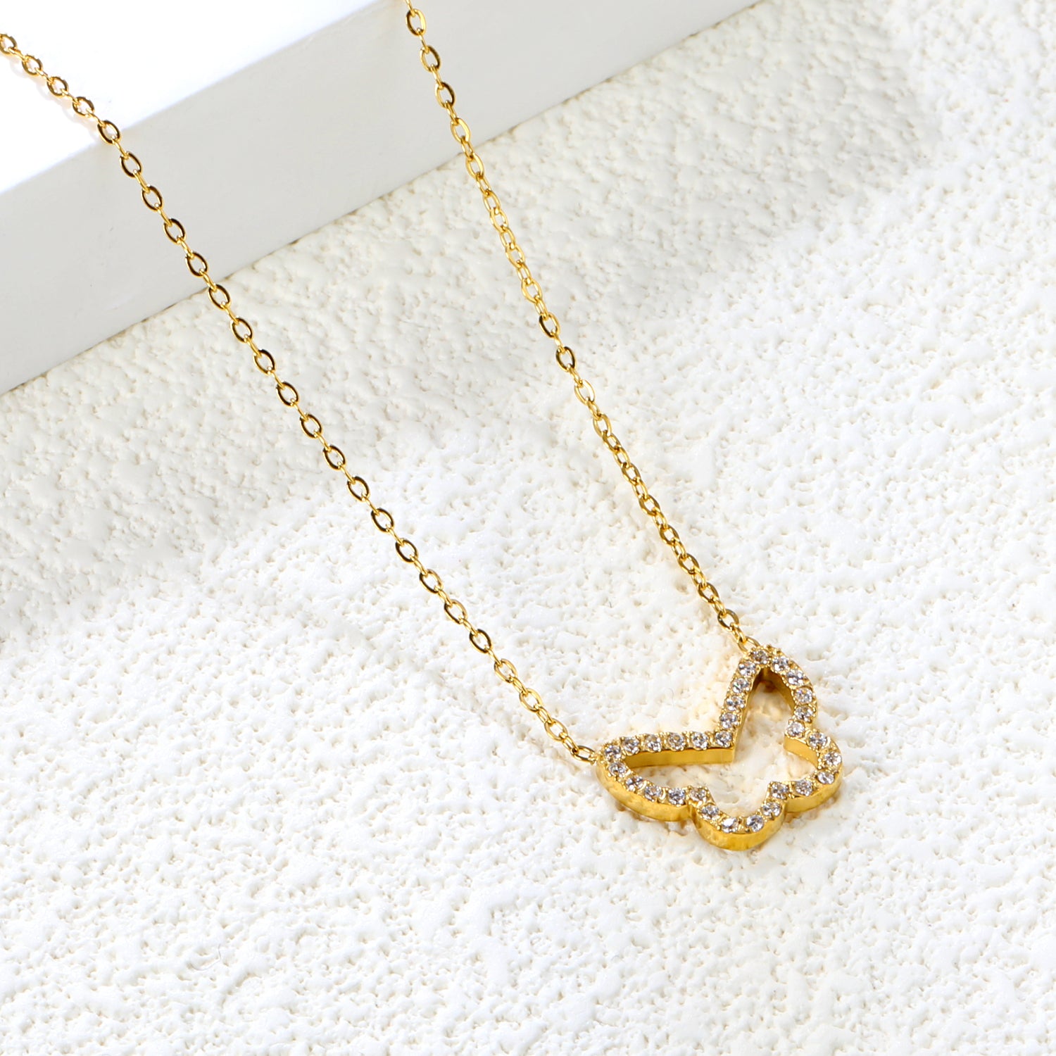 15x13mm butterfly CNC white zirconia pendant 0.3 cross chain 40+5cm+6mm necklace gold asonjewelry