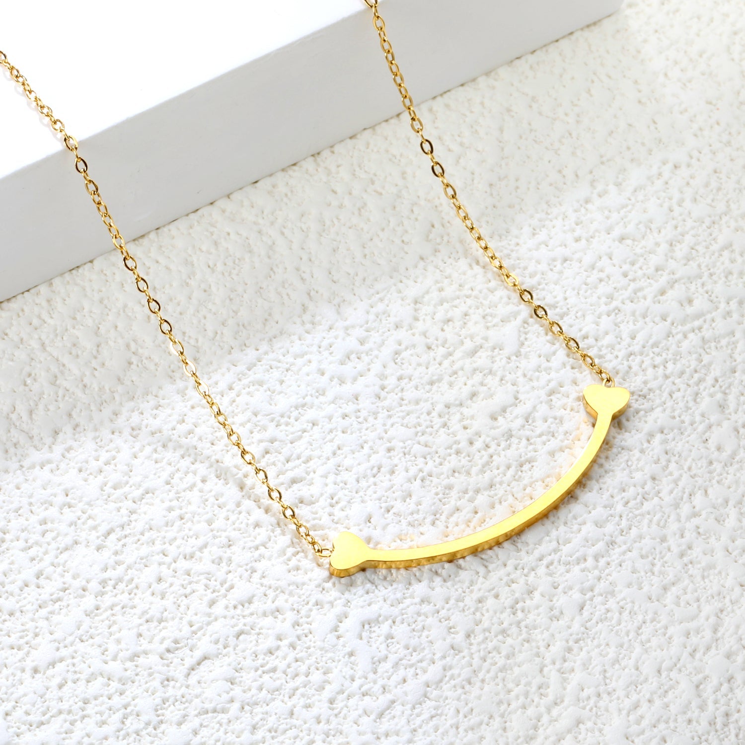 9.2 x 36.7mm curved bone pendant, 0.3mm cross chain 45+5cm, 6mm round tag necklace, gold asonjewelry