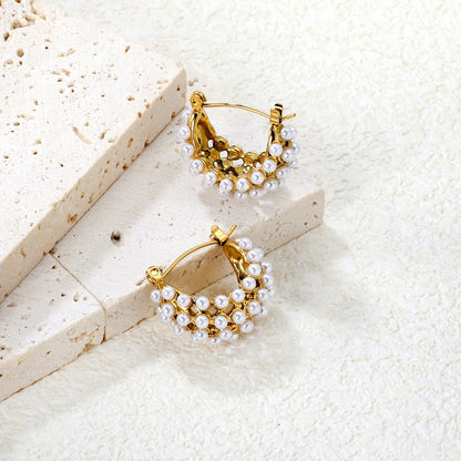 23x19mm Basket-Shaped Imitation Pearl Ear Hook, Gold asonjewelry