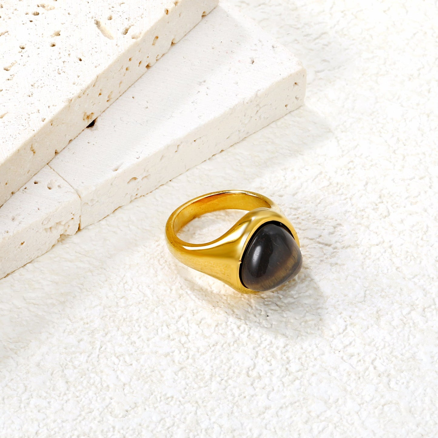 14.5mm high triangular tiger's eye/pink crystal ring, gold ring asonjewelry
