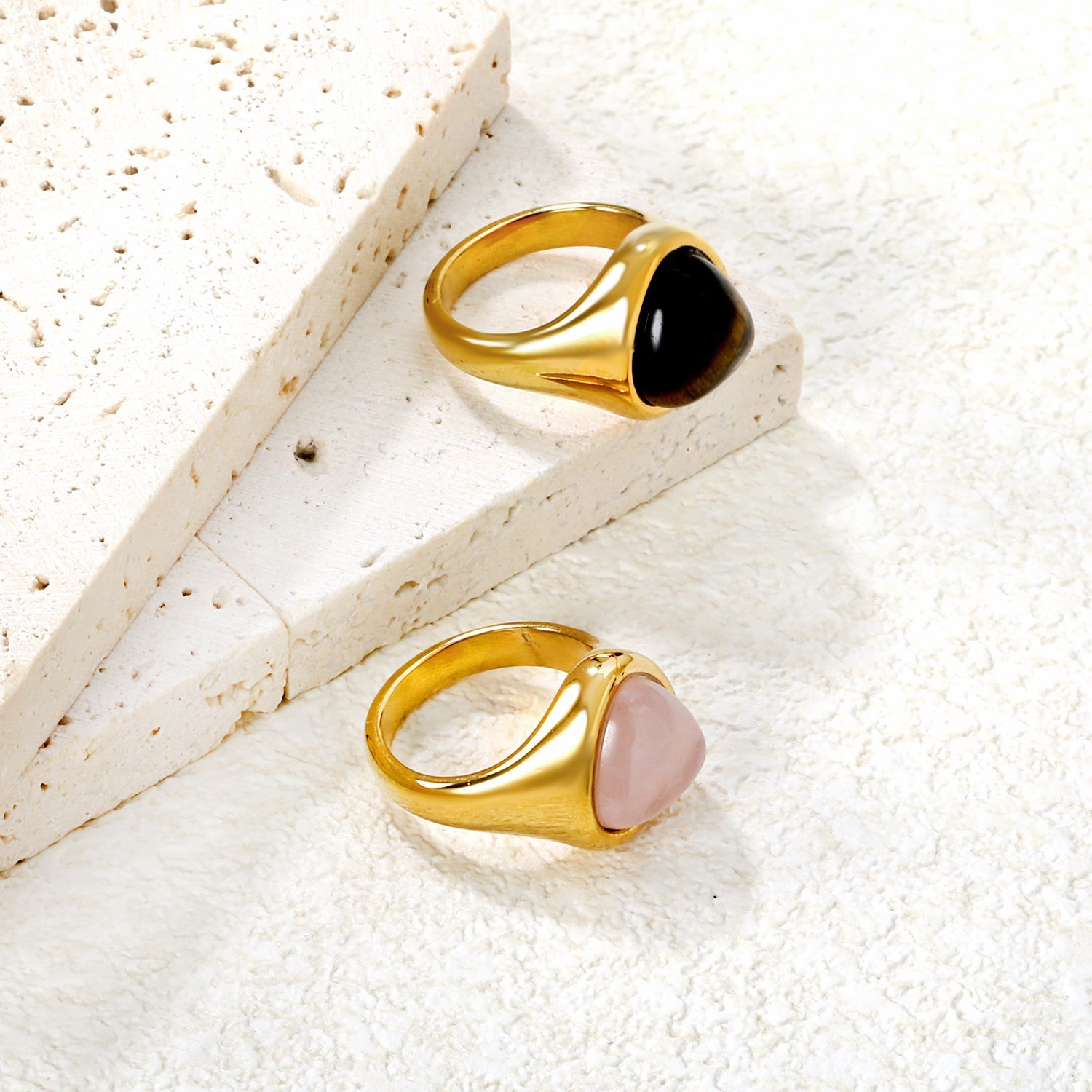 14.5mm high triangular tiger's eye/pink crystal ring, gold ring asonjewelry