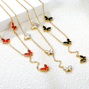 12.5*9mm 4 Butterfly Green/Black/White/Red Shell Pendant Necklace 43+5cm+3*10.3mm Square Plaque Necklace Golden