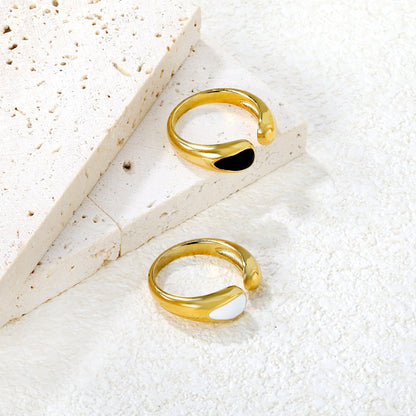 6.7mm Gold Open Ring with Geometric Water - Drop & White/ Black Enamel asonjewelry