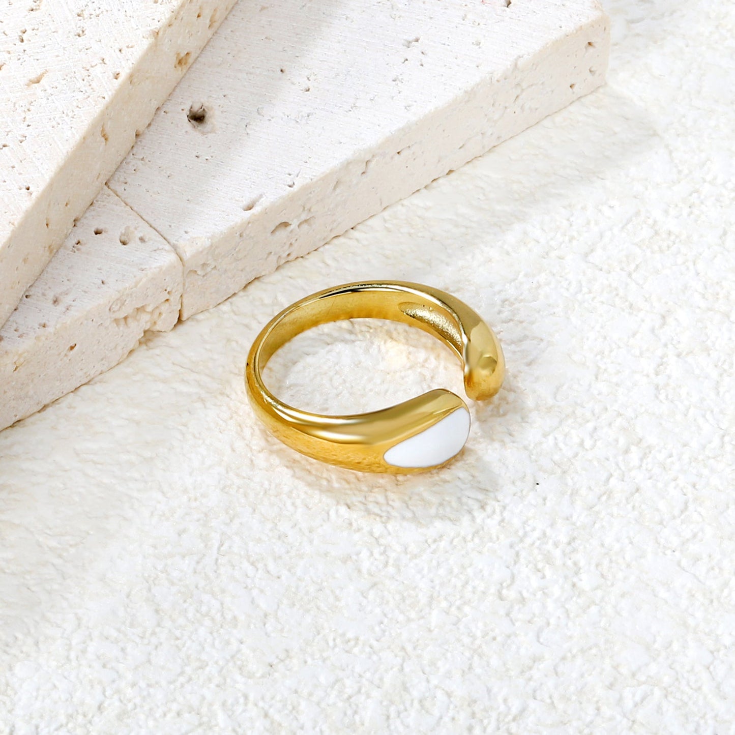 6.7mm Gold Open Ring with Geometric Water - Drop & White/ Black Enamel asonjewelry